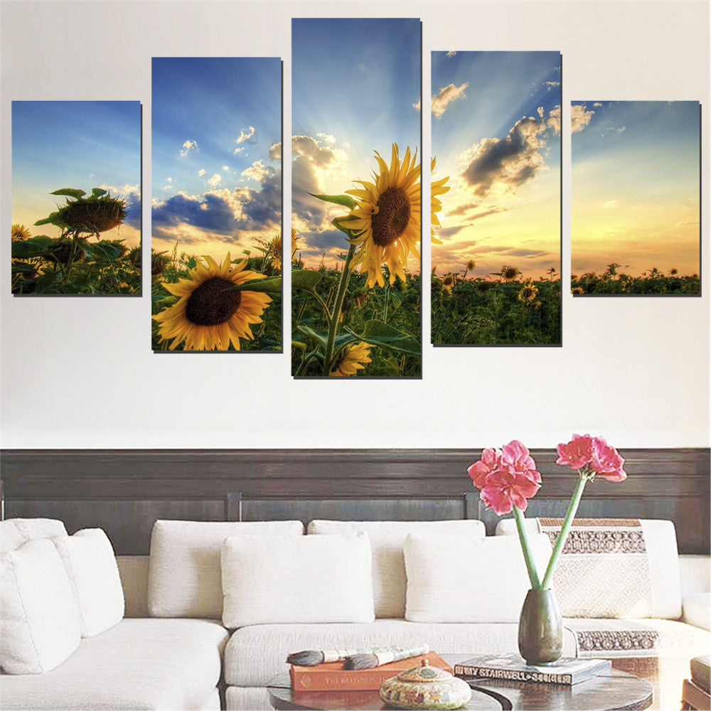 Oil Painting Frameless Sunflower Pictures Art Poster Wall Canvas Painting Sunset Scenery Home Decoration for Living Room 5pcs