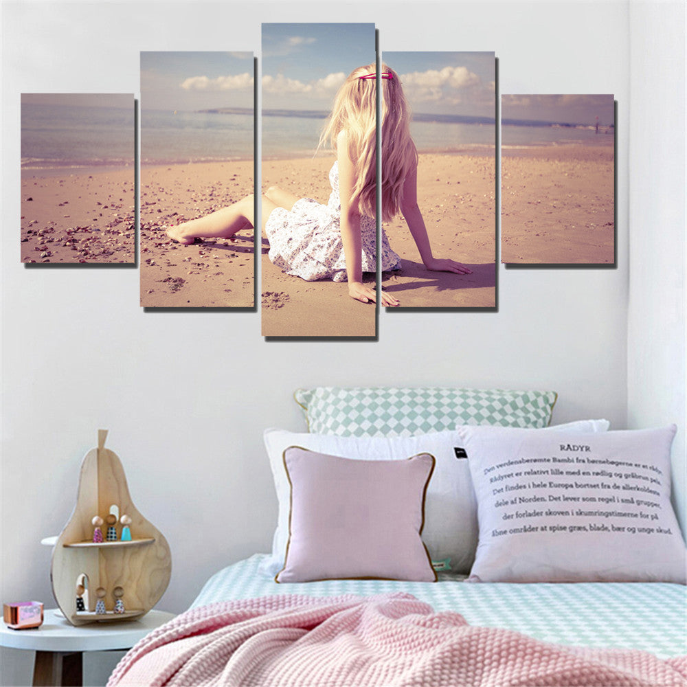 NO Frame Oil Painting HD Seaside Beautiful Girl Modular Portrait Art Poster Landscape Home Decoration Mural Free Shipping 5pcs