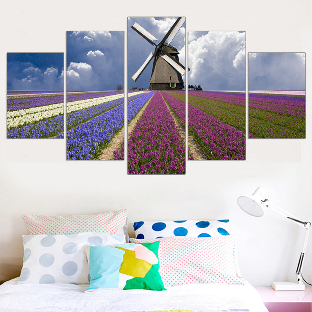 Modular Mordern Flower Canvas Painting Lavender Frameless Print Wall Oil Picture Scenery Sticker Home Decoration for Wall 5pcs