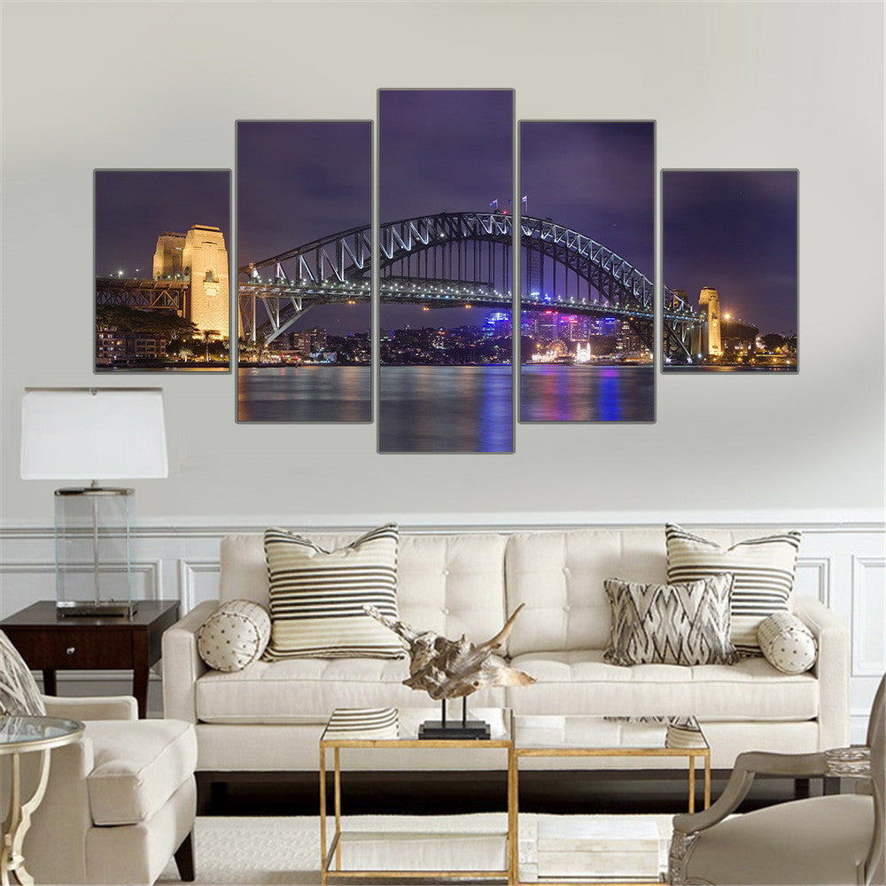 No Frame Canvas Painting Harbour Bridge Sydney Scenery Picture Night View Art Work for Living Room Mordern Home Decoration 5pcs