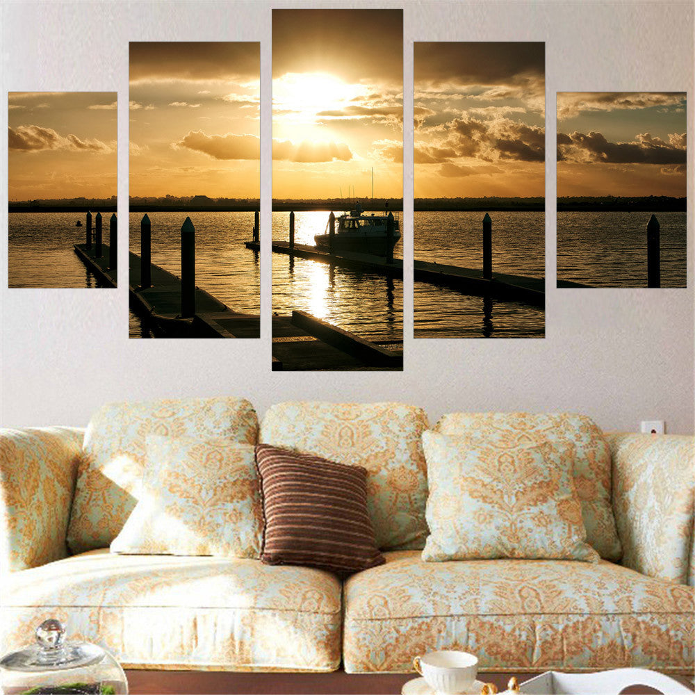 Frameless Canvas Painting Sunset Landscape Wall Print and Poster Oil Painting Seaview Home Decoration for Living Room Wall 5pcs