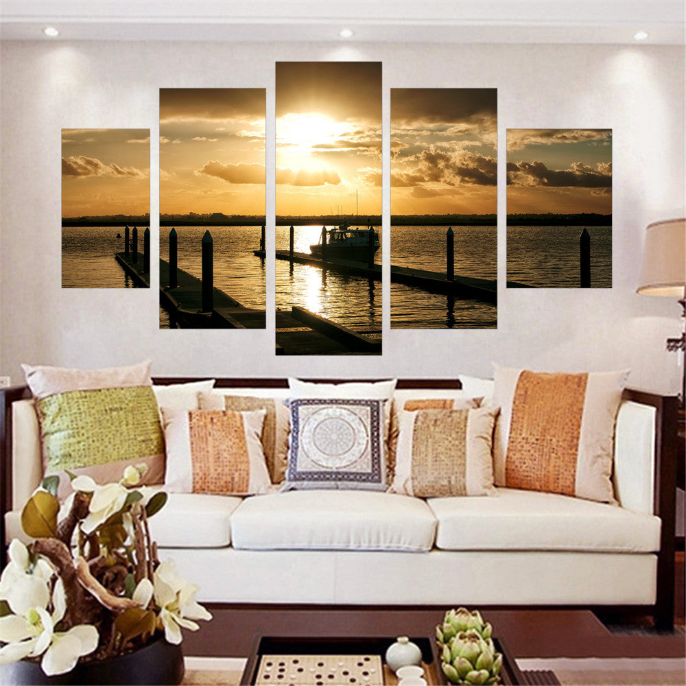 Frameless Canvas Painting Sunset Landscape Wall Print and Poster Oil Painting Seaview Home Decoration for Living Room Wall 5pcs