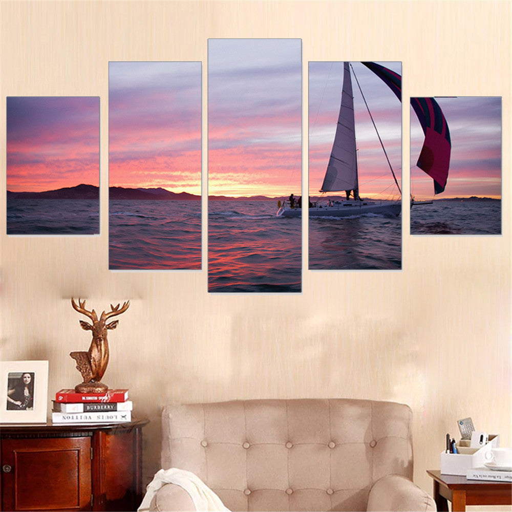 Modern Canvas Painting Sunset Frameless Wall Canvas Art Print Sailing Oil Picture Landscape Home Decor for Living Room Wall 5pc