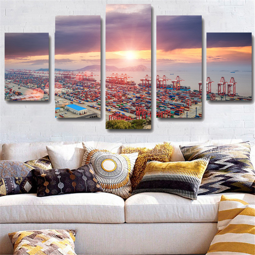 Frameless Mordern City Seaside Canvas Painting Sunset Wall Canvas Art Print Oil Pictures Scenery Home Decor for Room Wall 5pcs