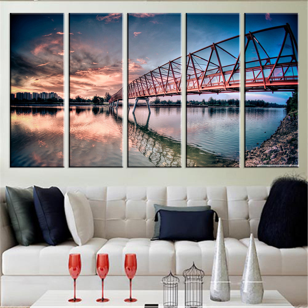 Modern Oil Painting Bridge sunset Art Print Poster Pictures on Canvas HD Home Decoration Free Shipping for Room Decor 5 Pieces