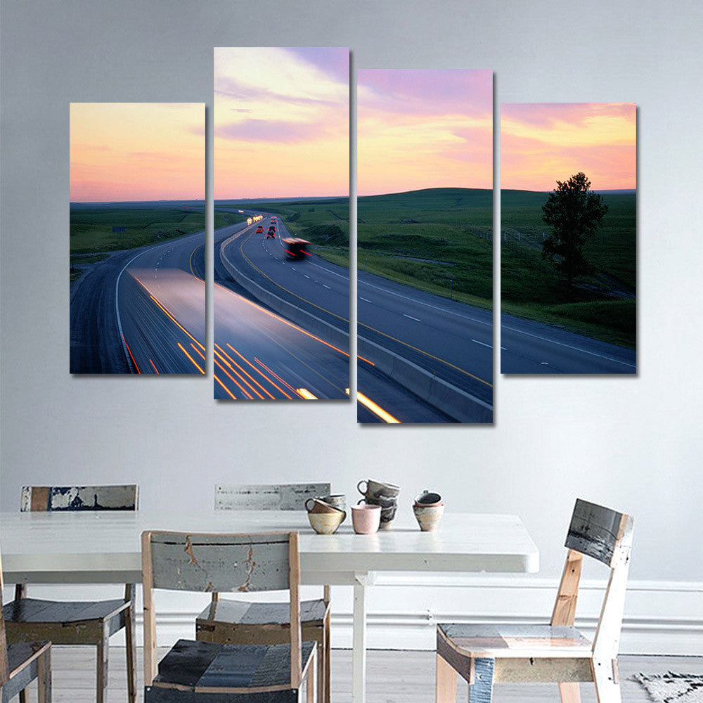 New Canvas Art Sunset Painting Road Landscape Painting Wall Art Print Poster Modern Home Decor for Living Room Unframed 4 Pieces