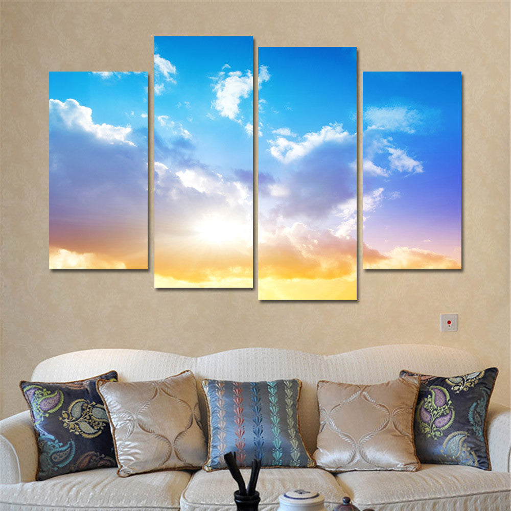 Canvas Painting Unframed Blue Sky Landscape Wall Art Home Decor Oil Spray Modular Painting Oil Pictures for Living Room 4 Pieces