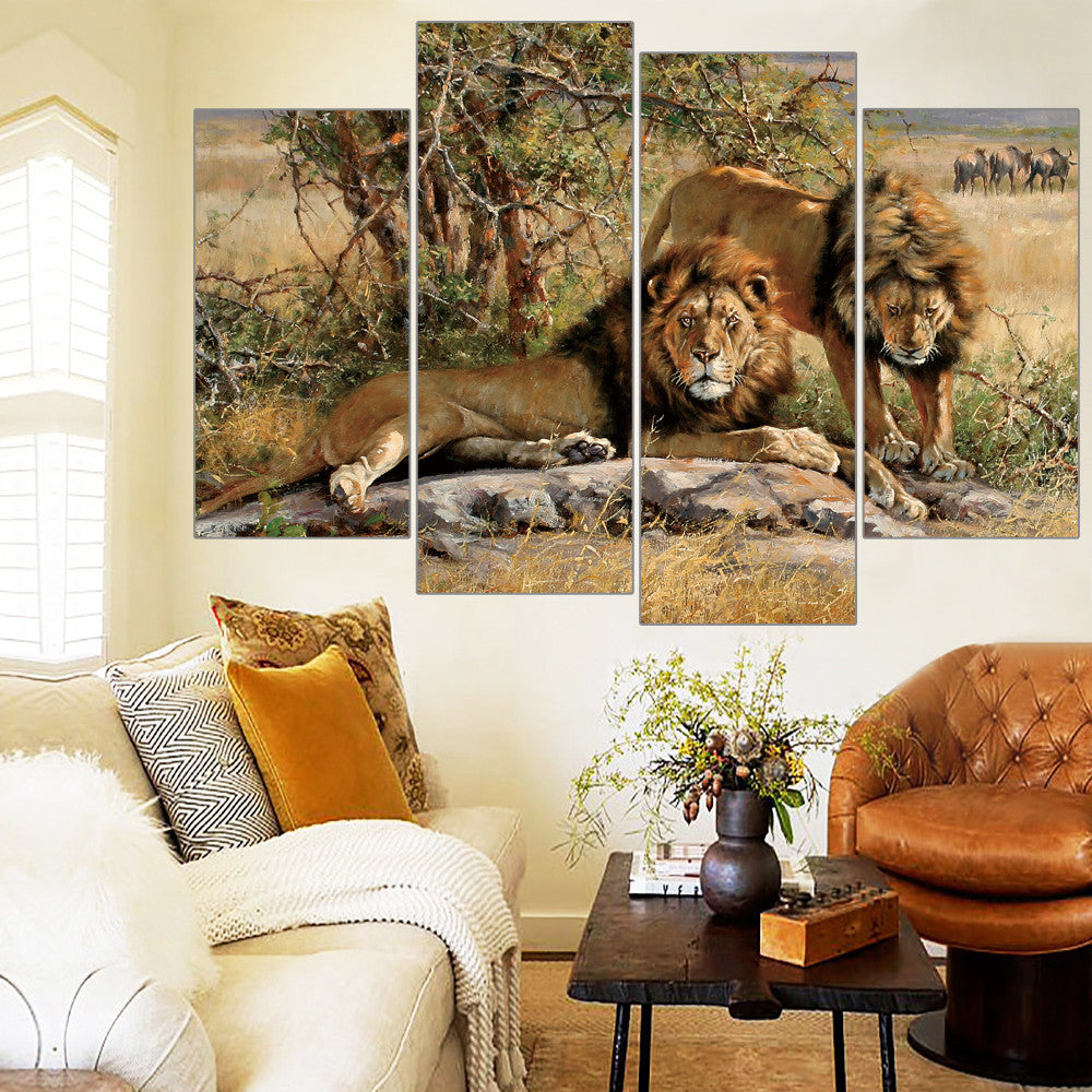 Two Lion Painting HD Printed Animals Canvas Print Room Decor Print Poster Picture Wall Painting Free Shipping Frameless 4 Pieces