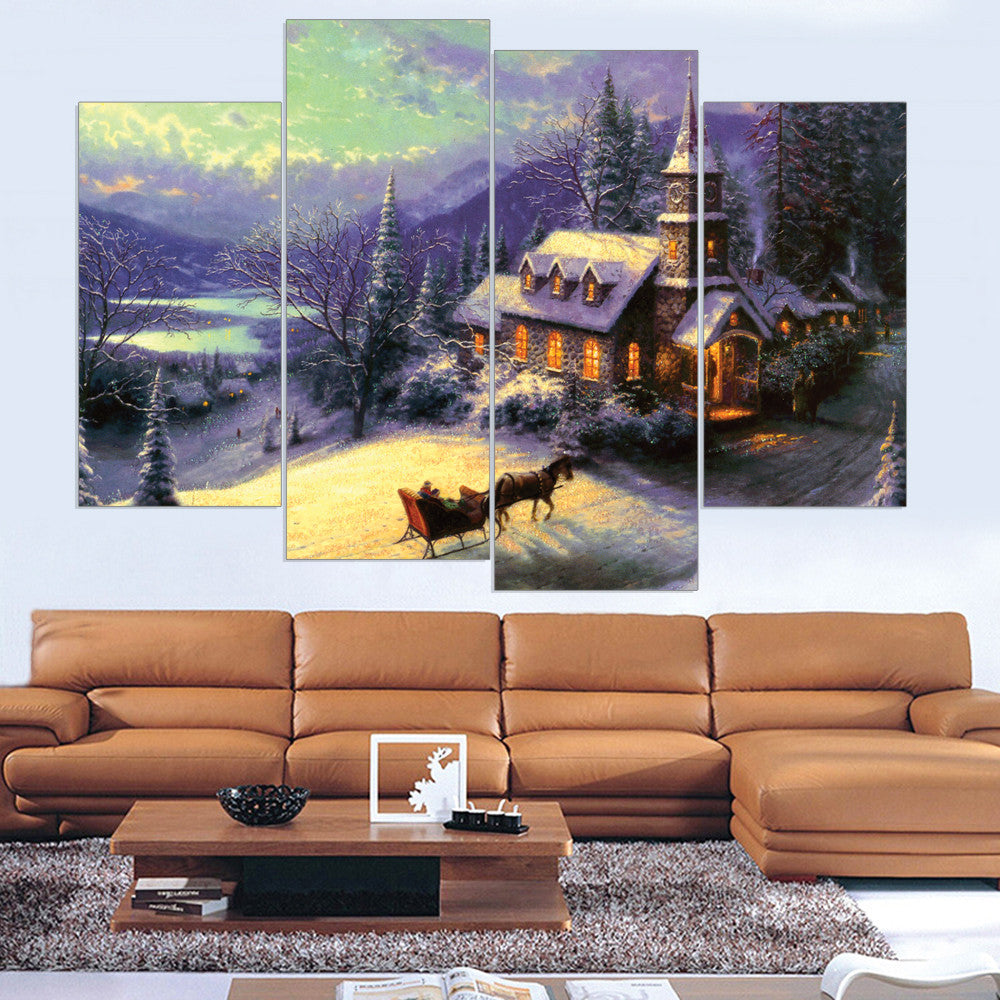 Unframed Snow Town Canvas Painting Oil Picture ArtWork Home Decor Unframed Canvas Art Wall Painting ( Include 5 Color) 4 Pieces