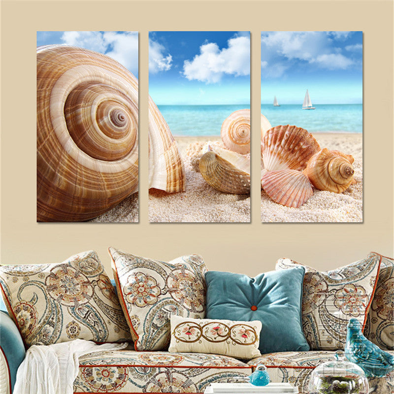 Shells on Beach Landscape Canvas Painting Art Oil Picture Posters and Prints Wall Canvas Art  Modular Painting NO Frame 3 Pieces