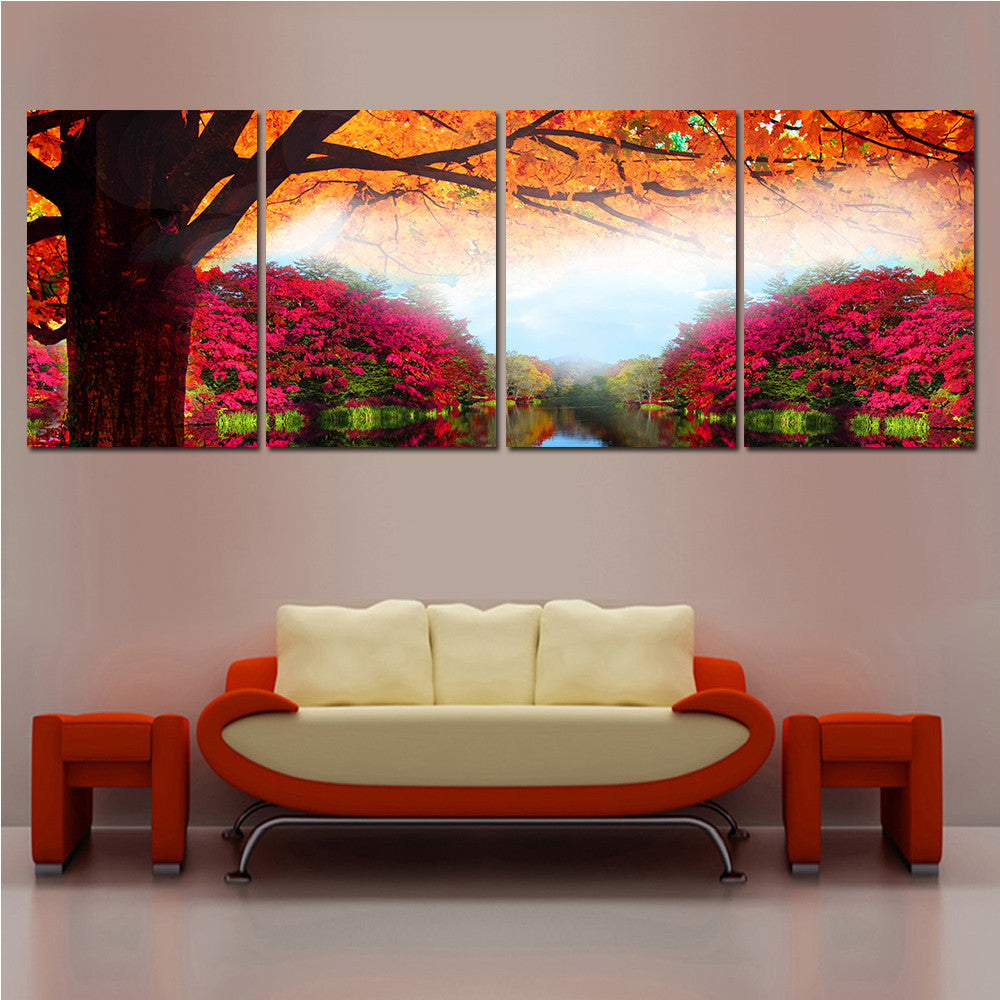 Modern Printed Tree Painting Oil Picture Cuadros Decoracion Wall Art Canvas Landscape Painting for Living Room Unframed 4 Panel