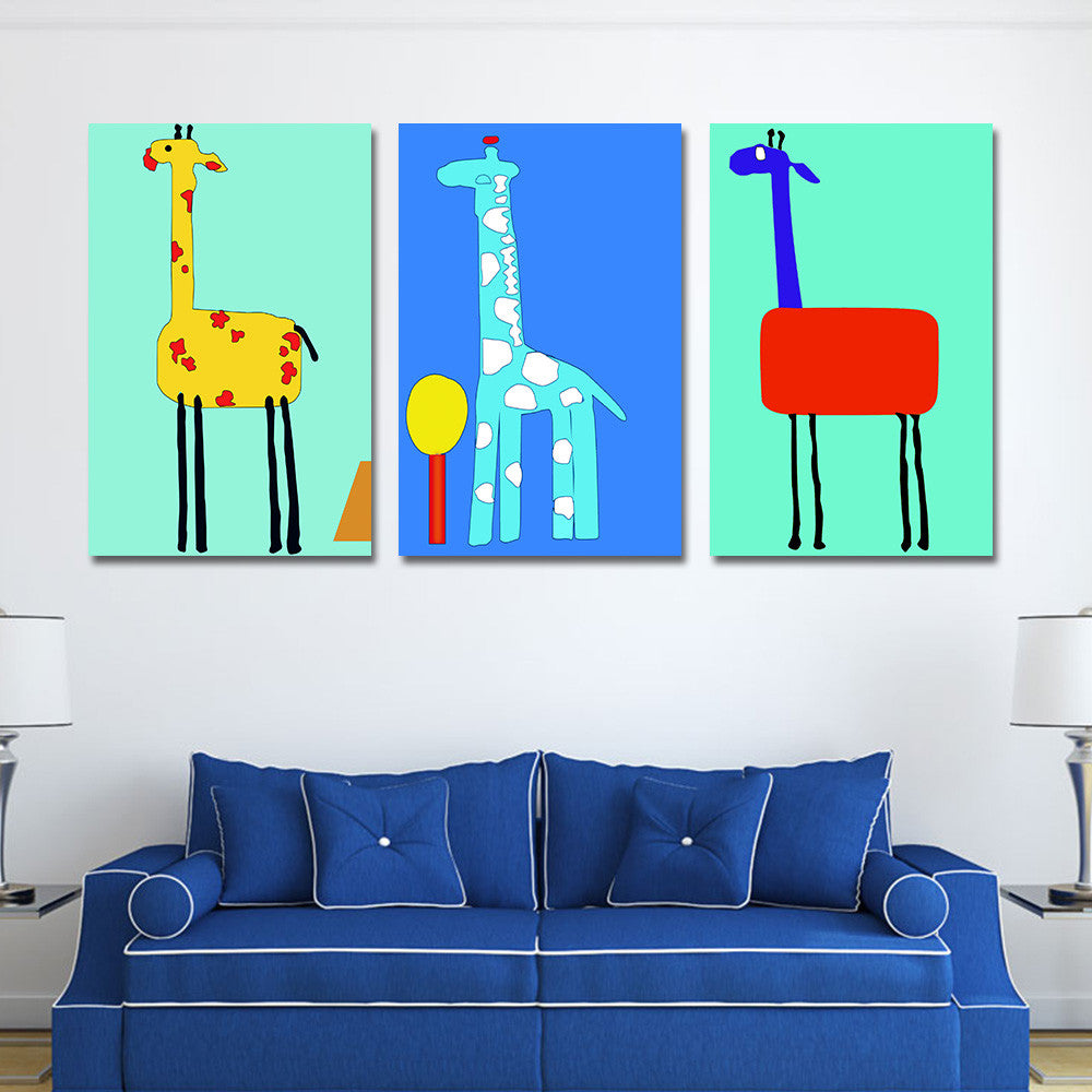 Oil Painting Free Shipping Colorful Deer Painting Canvas Pictures for Kids Room with No Frame Cartoon Wall Art Home Decor 3pcs