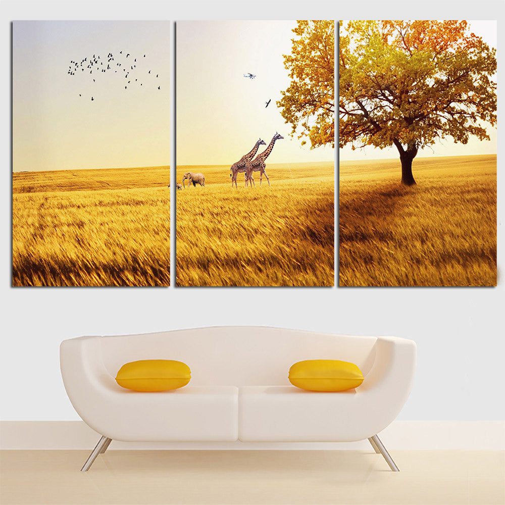 Deer Canvas Painting Animal Landscape Yellow Poster and Print Home Decor Wall Art Oil Picture for Living Room No Frame 3 Pieces