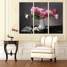 Load image into Gallery viewer, 3 Pieces Canvas Art Pink Flower on White Vase Art Pringt Home Decor Black Background Oil Painting for Living Room Wall Frameless
