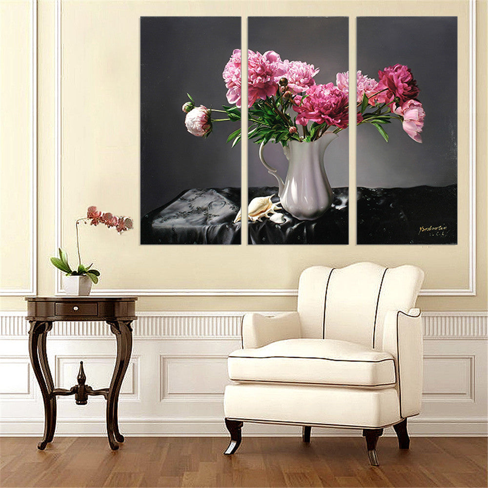3 Pieces Canvas Art Pink Flower on White Vase Art Pringt Home Decor Black Background Oil Painting for Living Room Wall Frameless