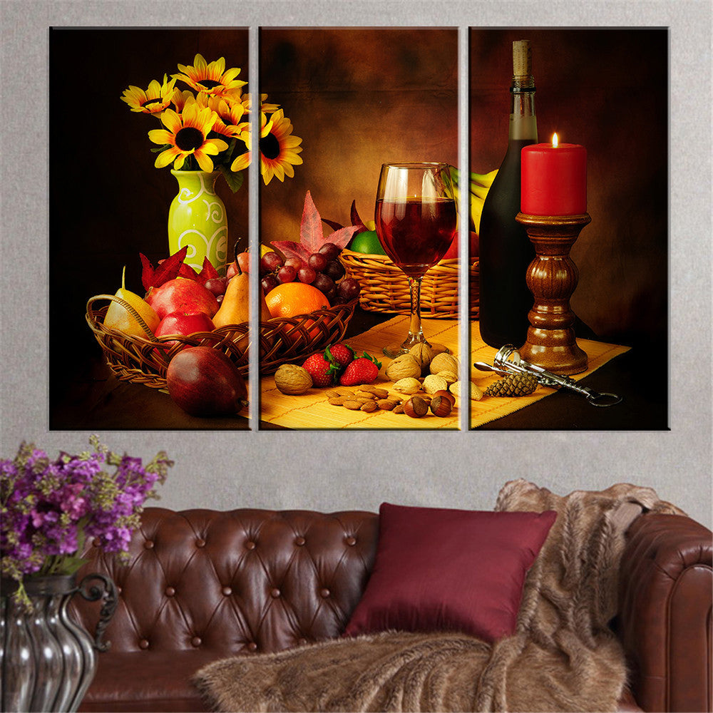 Retro Style Canvas Painting Flower Fruit Wine Oil Picture Scenery Art Print Poster Vintage Unframed Home Decoration 3 pieces