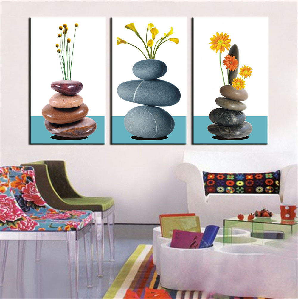 3 Panel Modern Wall Art Home Decoration Oil Painting on Canvas Wall Art Prints Pictures Flowers on Stones Unframed