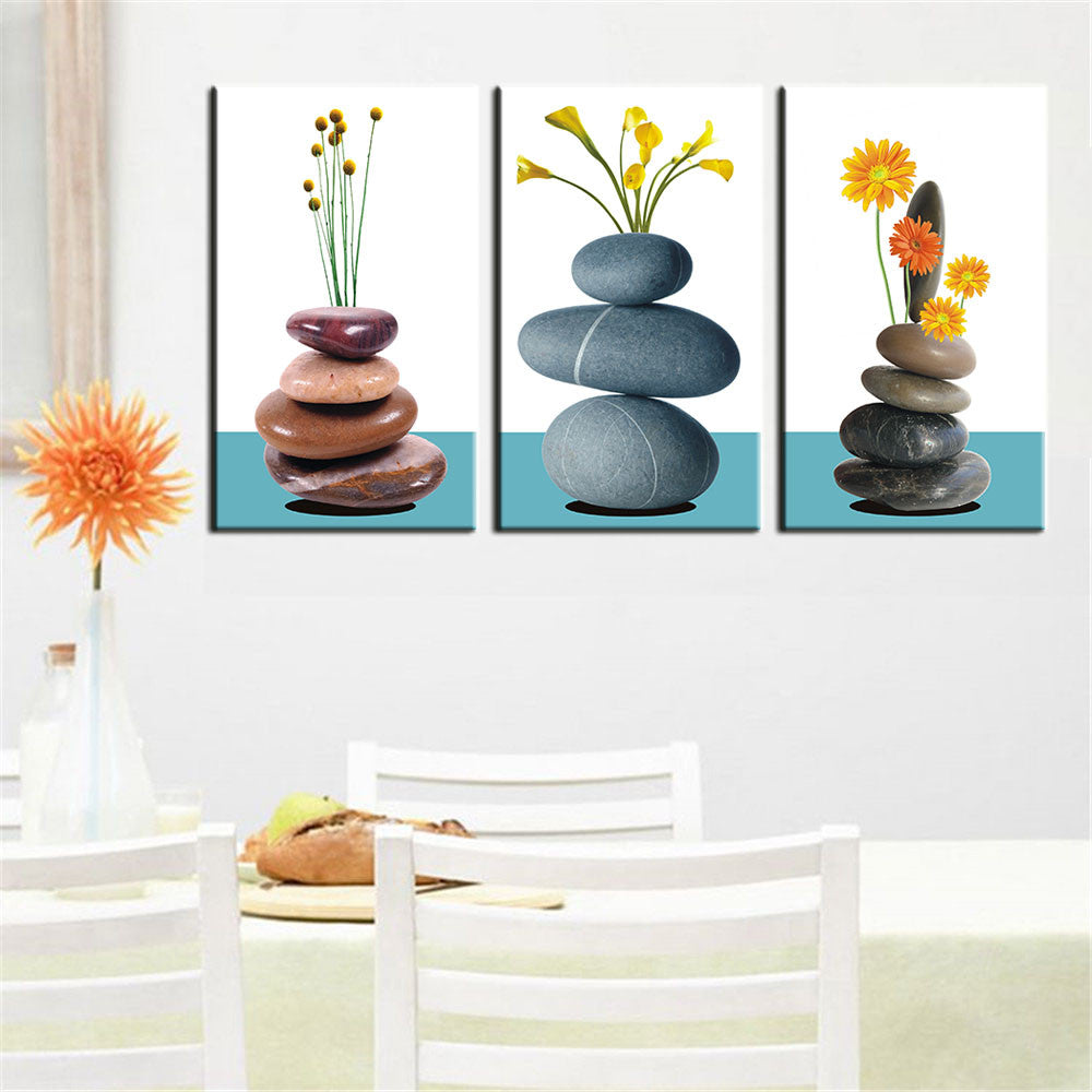3 Panel Modern Wall Art Home Decoration Oil Painting on Canvas Wall Art Prints Pictures Flowers on Stones Unframed