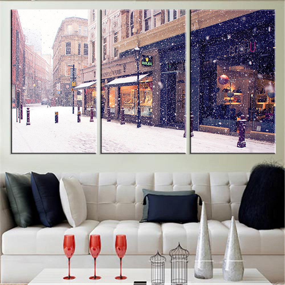 Snowing In City Road Oil Painting Wall Picture Scenery Canvas Picture HD Landscape Art Home Decoration Unigue Gift No Frame 3Pcs