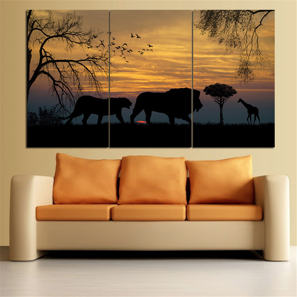 No Frame Mordern Oil Painting Animal Lion Silhouette Sunset Landscape Wall Art Home Decor Canvas Pictures for Living Room 3pcs