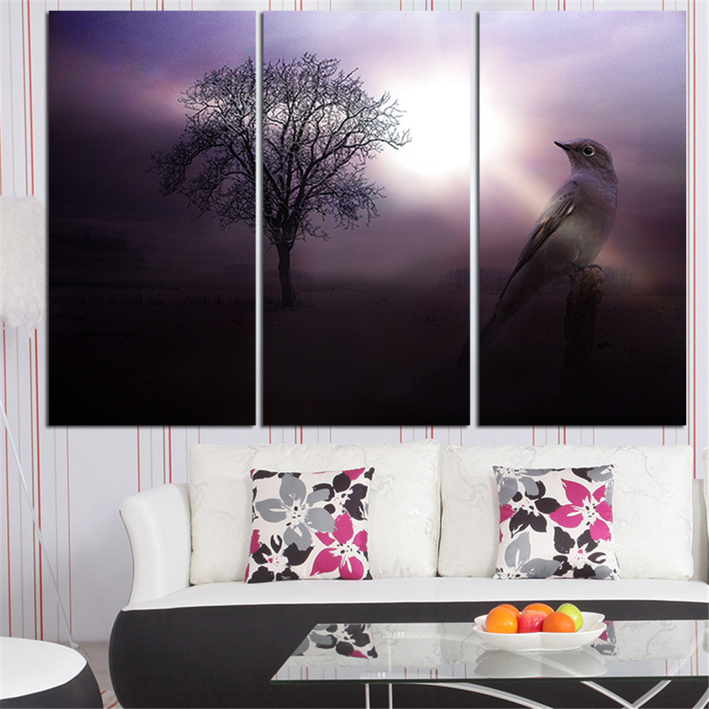 New Frameless Oil Painting Sparrow and The Branches Landscape Home Decor Wall Art Purple Canvas Picture for Living Room 3 Pieces