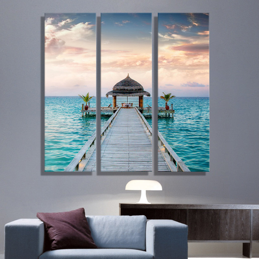 Oil Painting Canvas House Blue Sea Landscape Wall Art Decoration Home Decor On Canvas Modern Wall Picture For Living Room (3PCS)