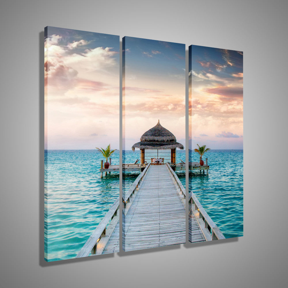Oil Painting Canvas House Blue Sea Landscape Wall Art Decoration Home Decor On Canvas Modern Wall Picture For Living Room (3PCS)