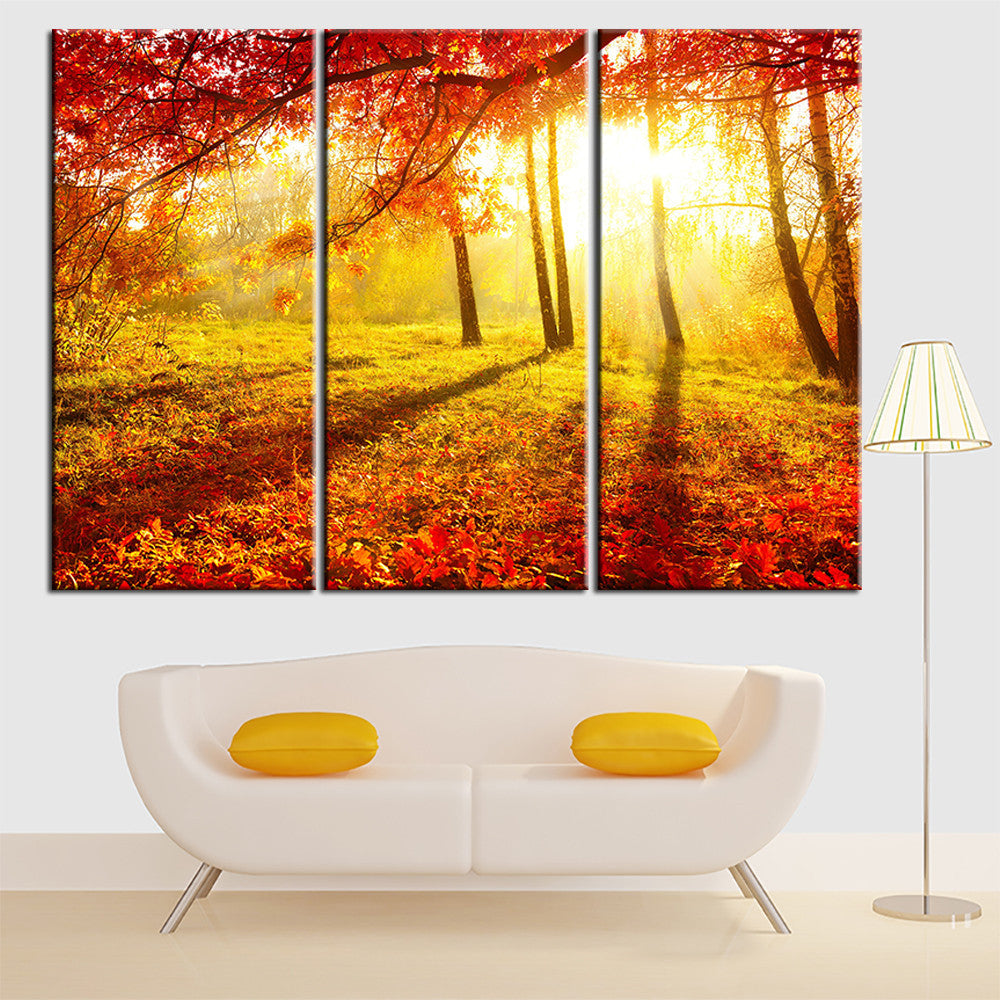Unframed Canvas Painting Red Tree Landscape Sun Scenery Home Decor Oil Picture Wall Art Decorative Picture for Living Room 3 Pcs