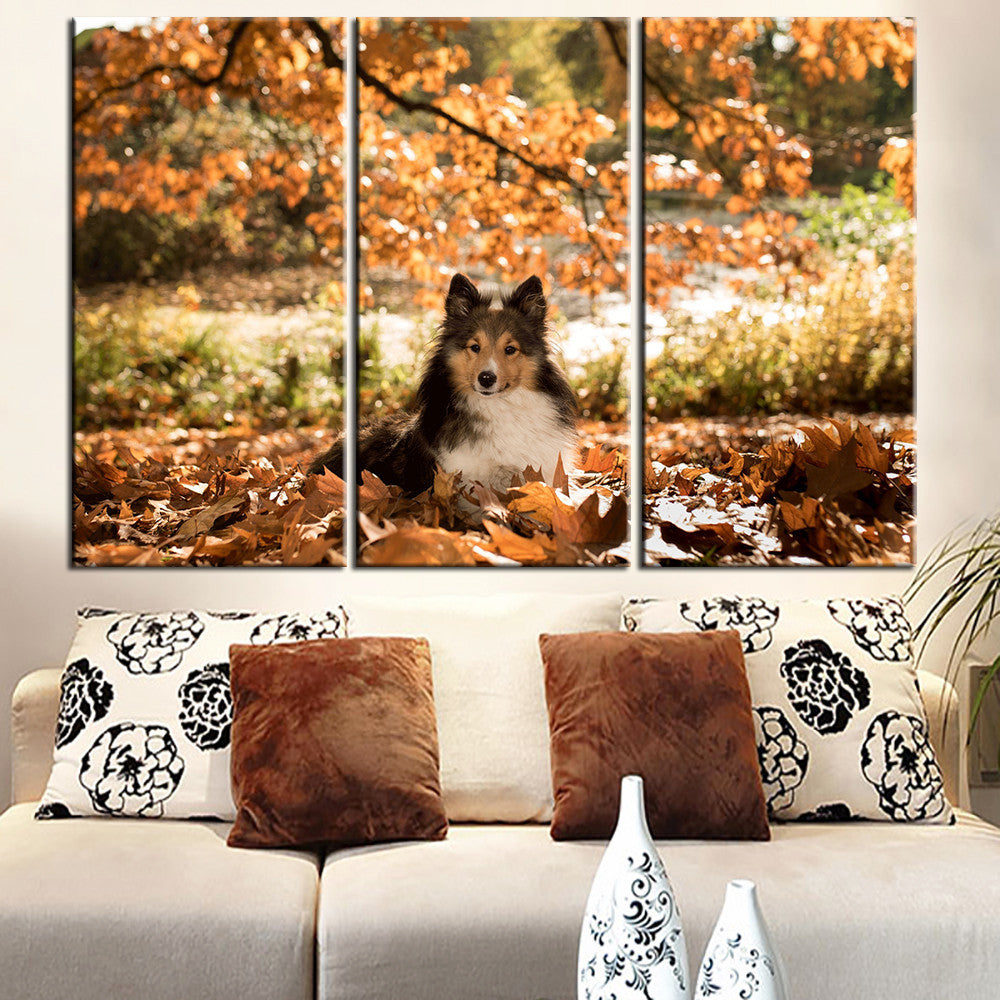 HD Unframed Dog Canvas Painting Fallen Leaves Landscape Home Decor Animal Wall Art Decorative Oil Pictures for Living Room 3pcs