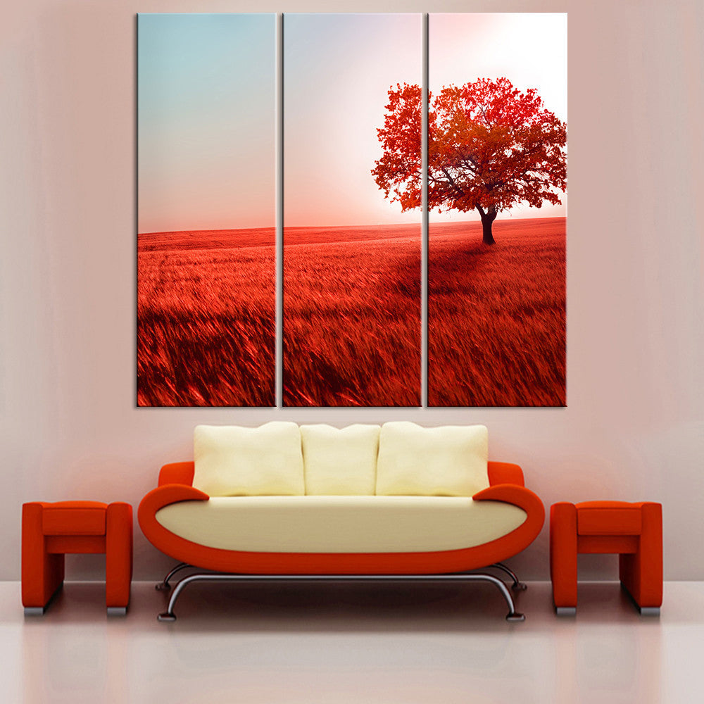 No Frame Red Tree Oil Painting Posters Landscape Cuadros Decoration Canvas Art Wall Picture for Living Room Home Decor 3 Pieces