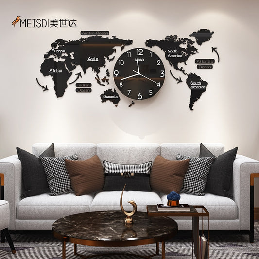 120CM Punch-free DIY Black Acrylic World Map Large Wall Clock Modern Design Stickers Silent Watch Home Living Room Kitchen Decor