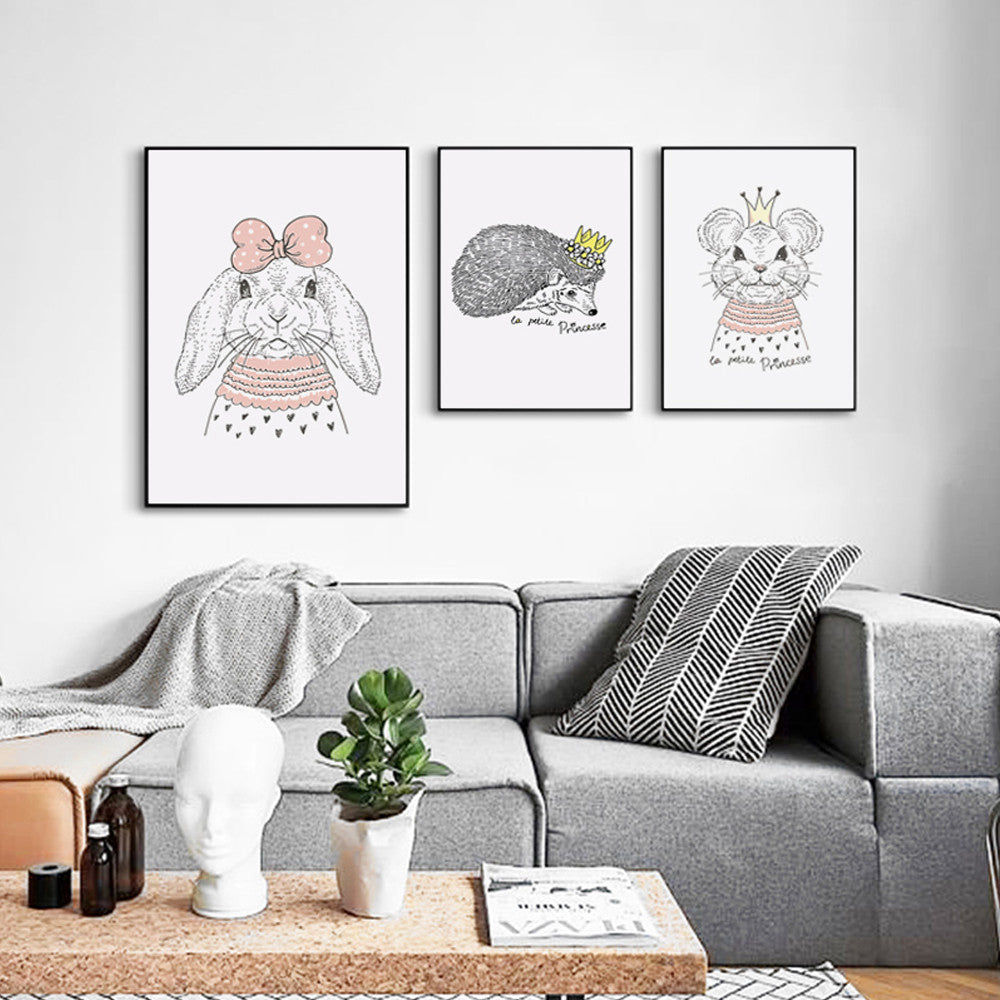 Animals Cartoon Cute Kitten Rabbit Mouse Bear A4 Print Art Canvas Poster Wall Picture Child Baby Room Decoration Painting BA008