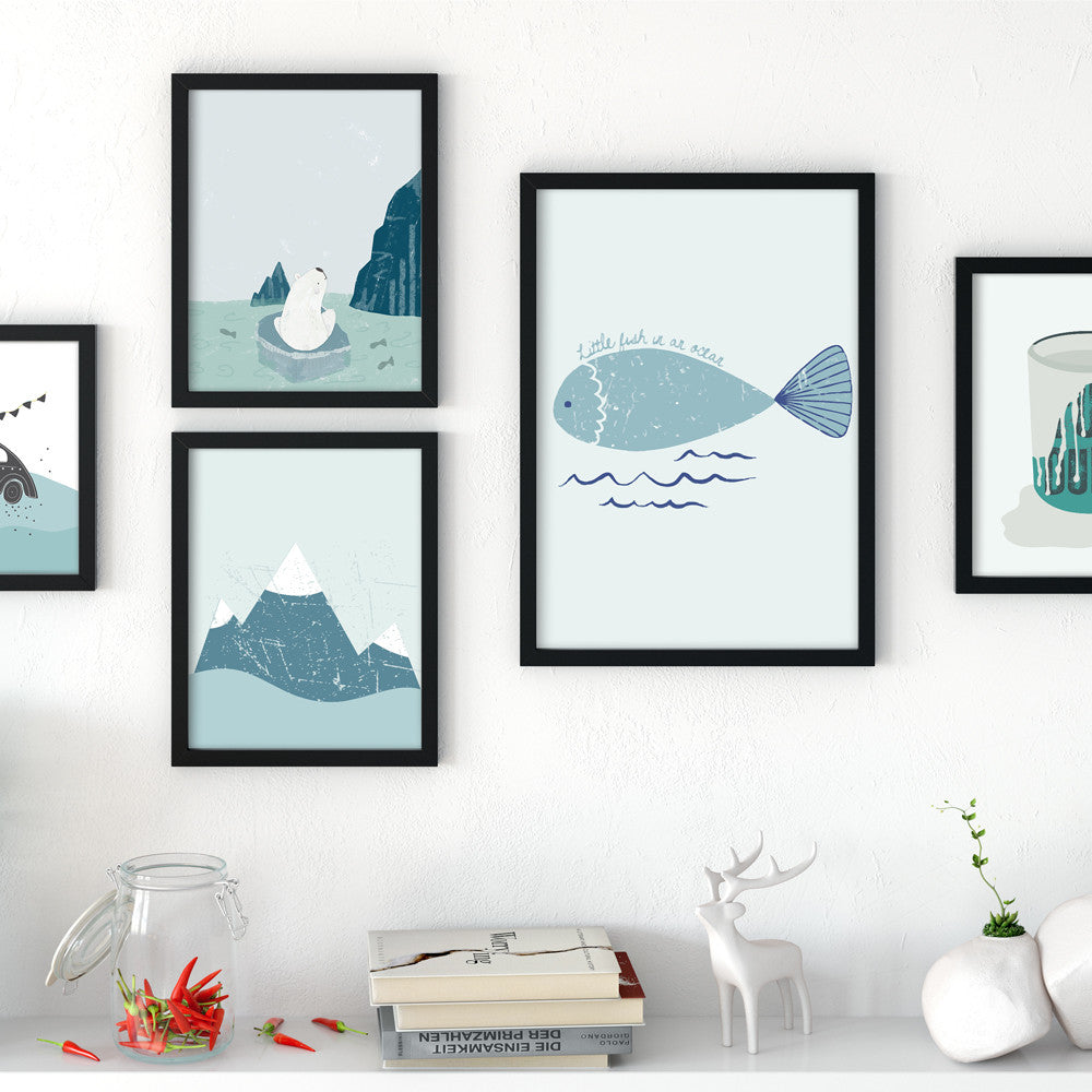 Modern Nordic Kawaii Little Arctic Bears Fish A4 Animals  Car Patterns Art Posters Cartoon Canvas Paintings Kids Room Decoration