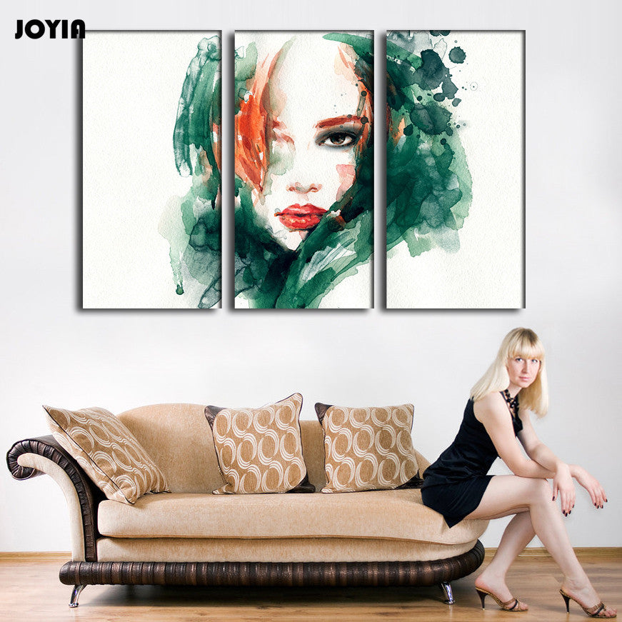 3 Piece Canvas Painting Long Hair Beauty Woman Room Wall Pictures Abstract Green Watercolor Bedroom Decoration No Frame