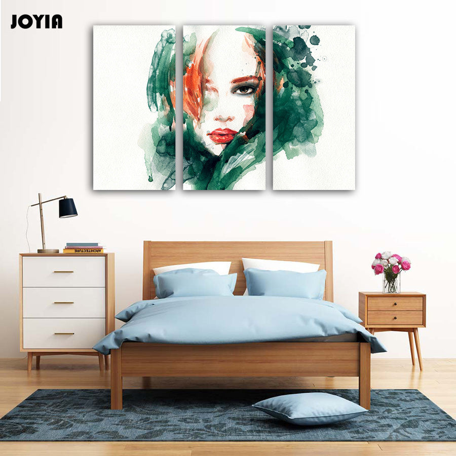 3 Piece Canvas Painting Long Hair Beauty Woman Room Wall Pictures Abstract Green Watercolor Bedroom Decoration No Frame