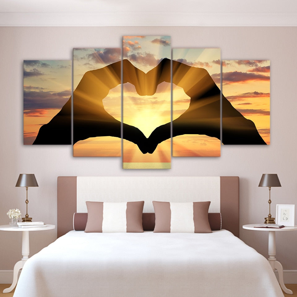 Modular 5 Pieces Heart Shape Pictures HD Print Poster Sunset Scenery Landscape Canvas Paintings Wall Art Decor for Living Room
