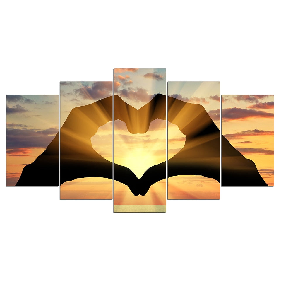 Modular 5 Pieces Heart Shape Pictures HD Print Poster Sunset Scenery Landscape Canvas Paintings Wall Art Decor for Living Room