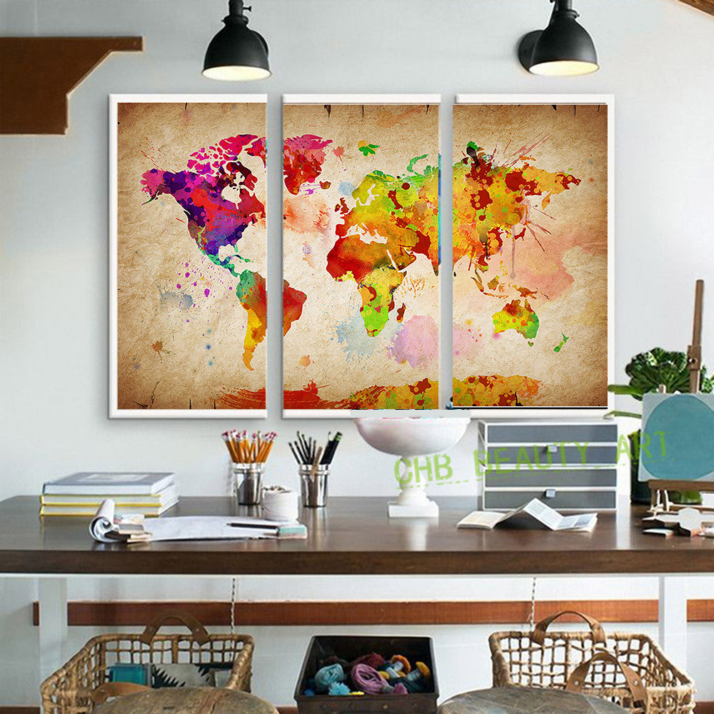 3 pieces canvas wall art canvas painting World Watercolor Map landscape wall Pictures for living room HD print unframed