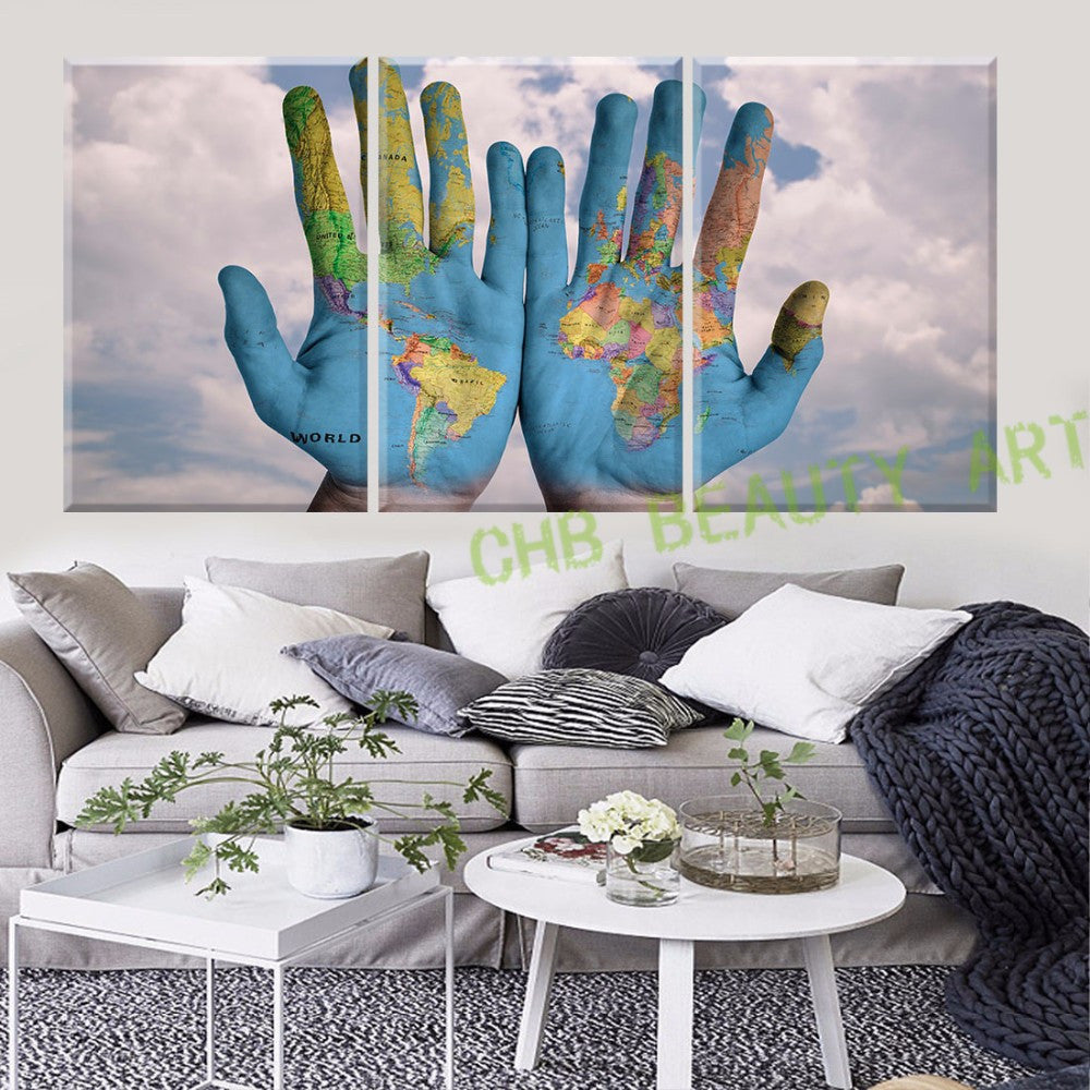 3 Piece Canvas Wall Art World Map in hand Printed Painting On Canvas Wall Pictures For Living Room Decorative Pictures Unframed