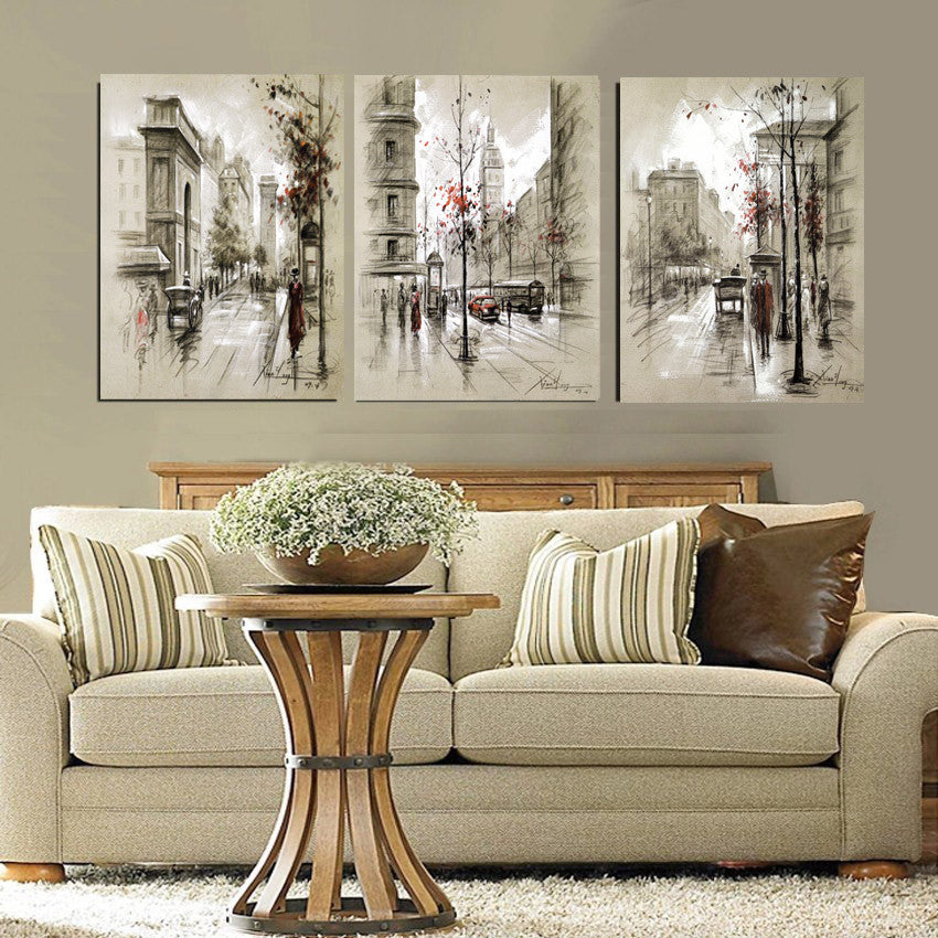 3 Panel Modern Abstract Oil Painting Canvas Retro City Street Landscape Pictures Decorative Paintings Wall Art No Frame