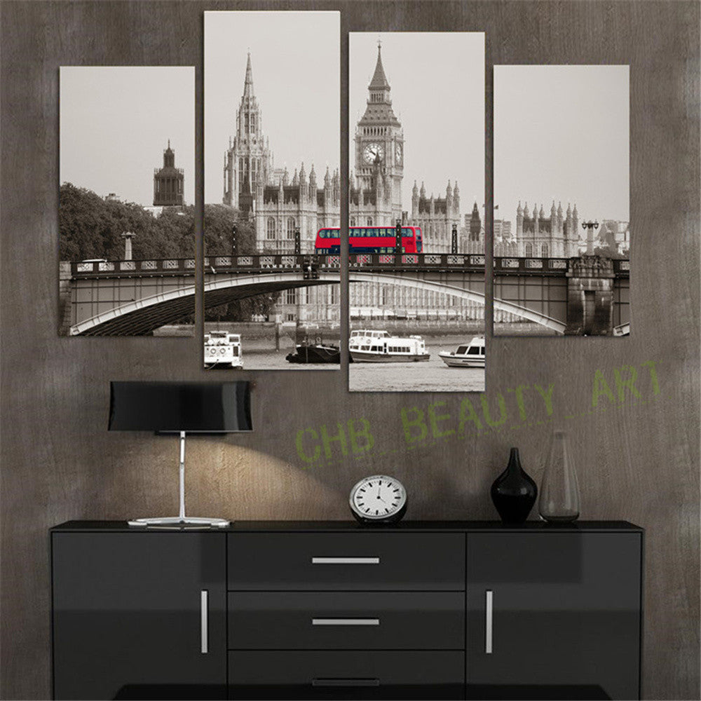 4 Piece Retro Style London Red Bus Canvas Print Canvas Painting Home Decor Wall Art Picture for Living Room No Frame