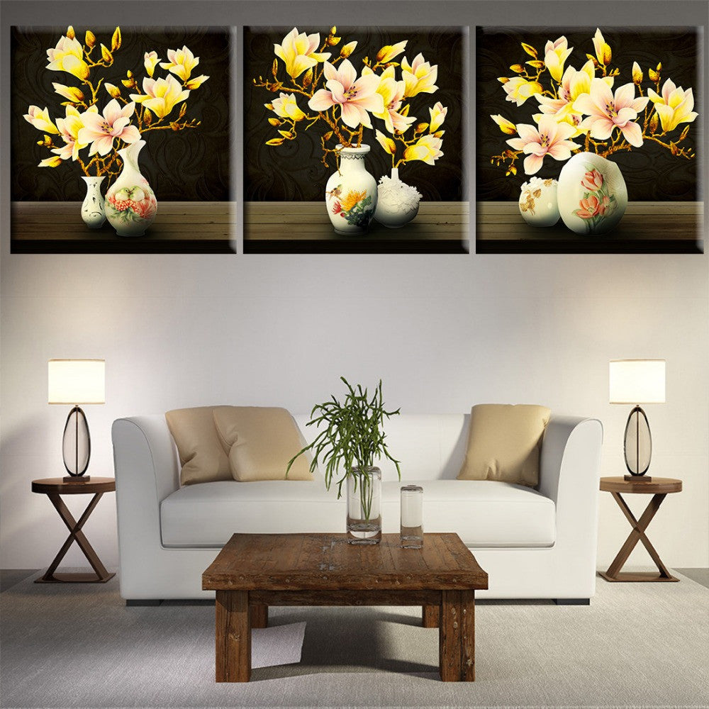 3 Panels Gold Flowers Canvas Art Modern Print Painting Wall Pictures For Living Room Decoration Pictures