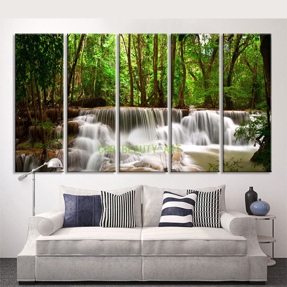5 panel Printed Canvas Painting Waterfalls in Forest  Home Decorative Picture Modern Wall Art  Wall Pictures For Living Room