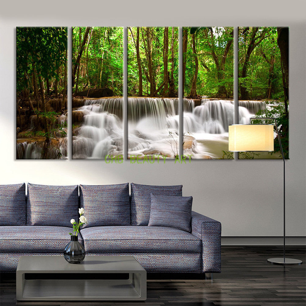 5 panel Printed Canvas Painting Waterfalls in Forest  Home Decorative Picture Modern Wall Art  Wall Pictures For Living Room