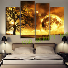 Load image into Gallery viewer, 4 Panel Gold Moon Tree Printed Painting Universe Space Canvas Picture Earth Landscape Painting For Living Room Wall Art UnFramed
