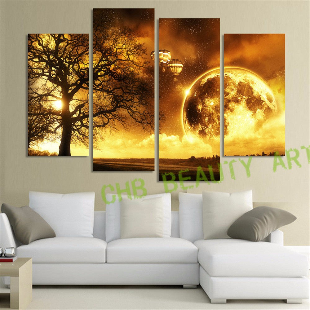 4 Panel Gold Moon Tree Printed Painting Universe Space Canvas Picture Earth Landscape Painting For Living Room Wall Art UnFramed