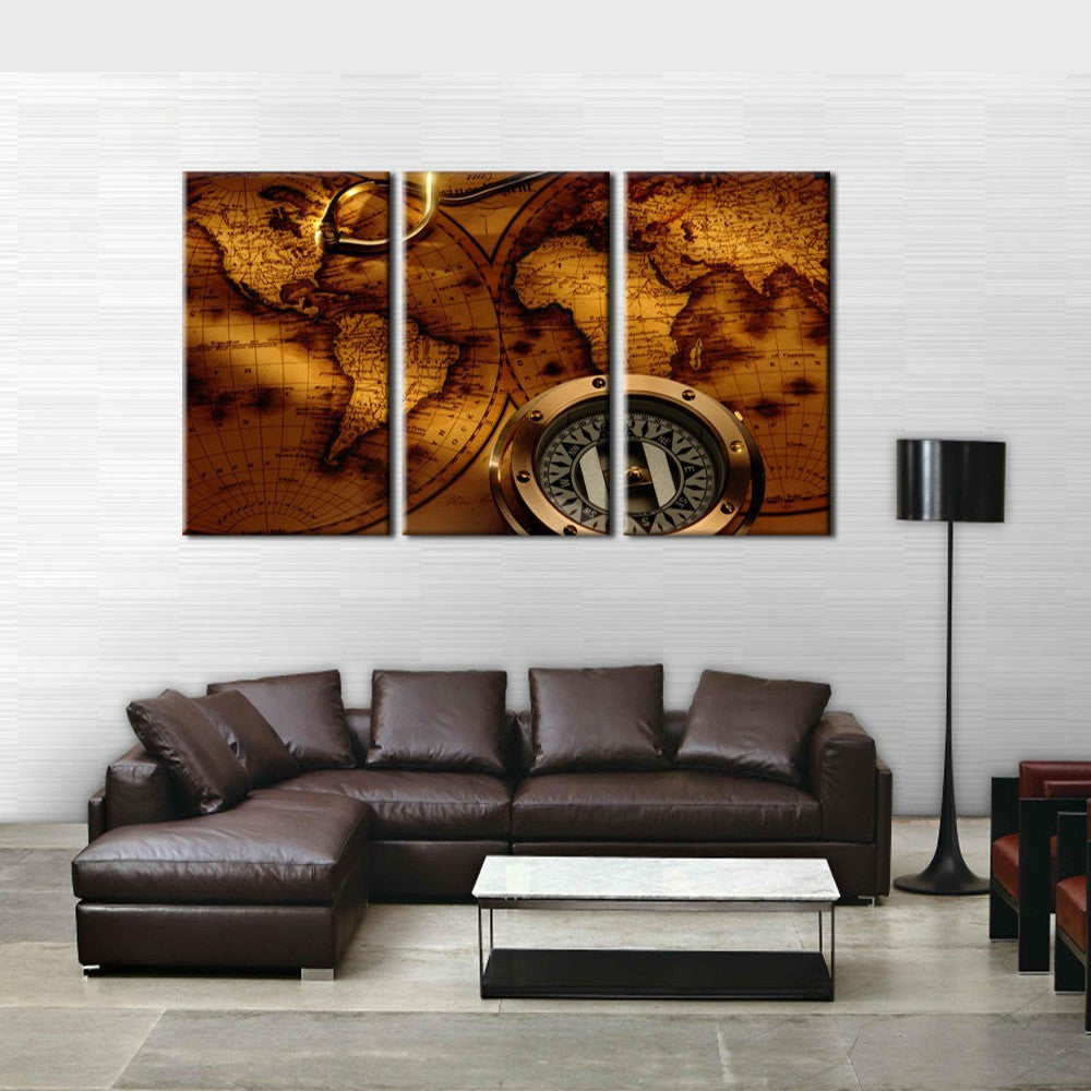 3 Panel Vintage Compass World Map HD Wall Art  Canvas Print Painting For Living Room Decoration Picture Unframed