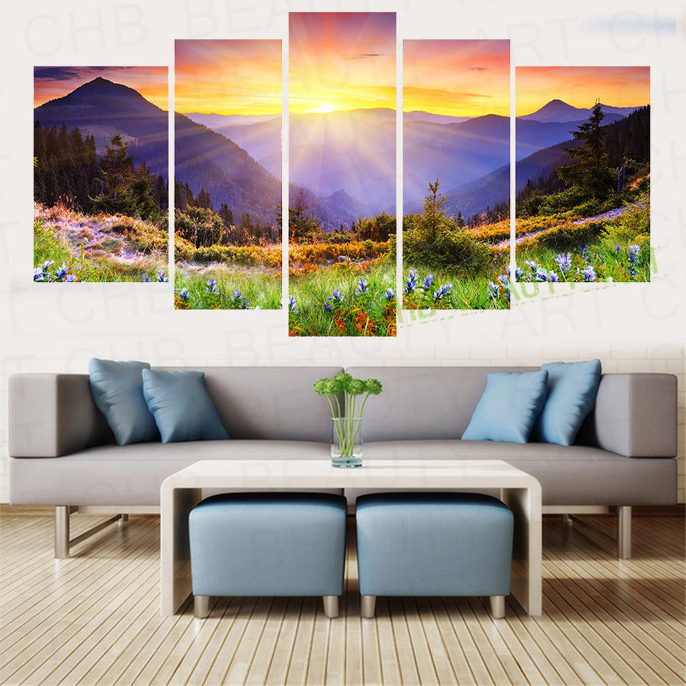 5 Panel Canavs Painting Art Mountain Forest Sunshine Home Decoration Wall Pictures For Living Room Canvas Print Unframed