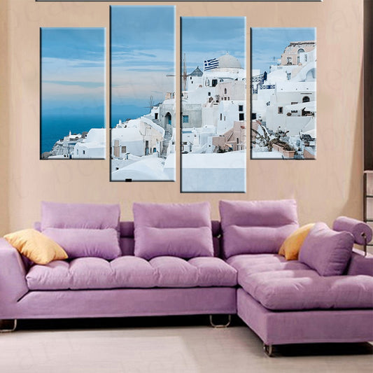 4 Panel Greece Aegean Sea Canvas Painting Art Home Decor Canvas Poster Print Wall Pictures For Living Room Frameless