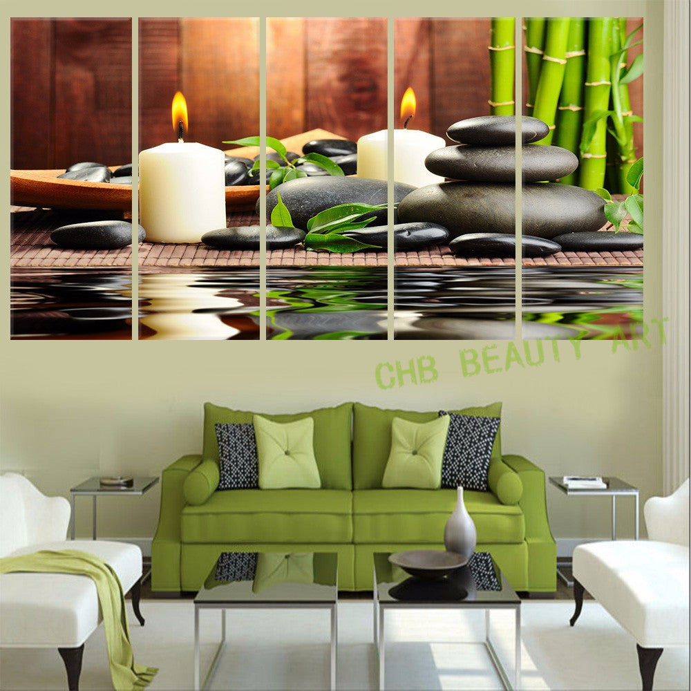 5 Panel Modern Wall Art Oil Painting Spa Stone Bamboo CandelsHome Decoration Canvas Prints Pictures For Living Room Frameless
